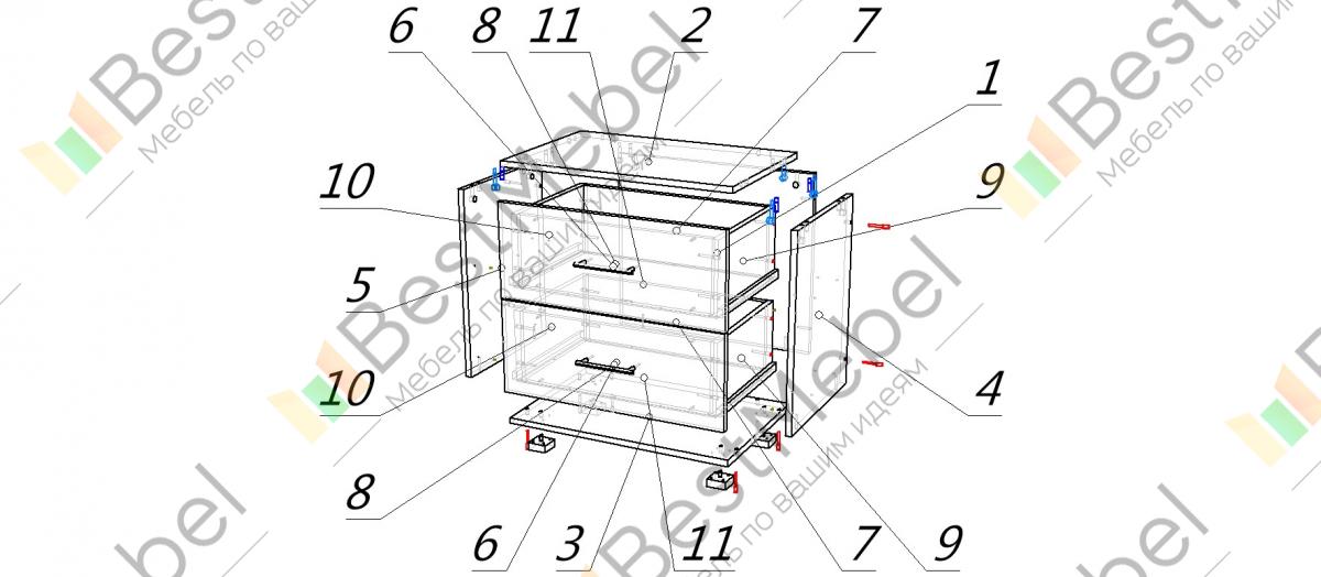 Схема сборки тумбы с выдвижными ящиками